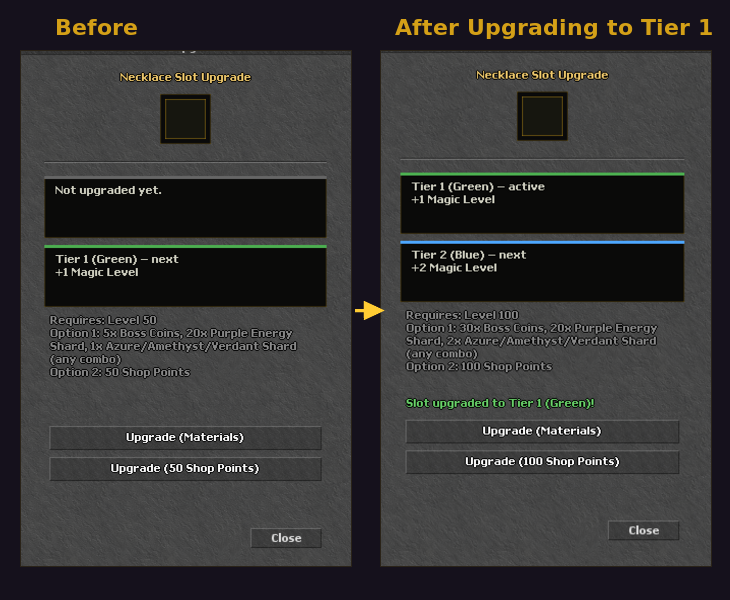 Slot Upgrade window before and after